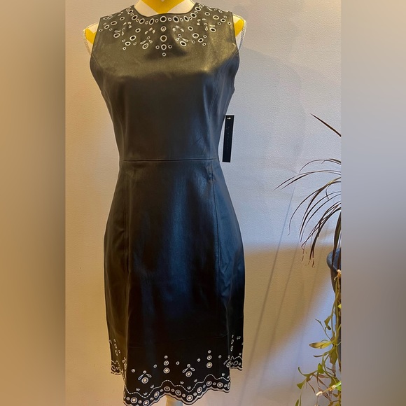 Elle Tahari black buttery leather dress with white lace-like embroidered trim. - Picture 1 of 3